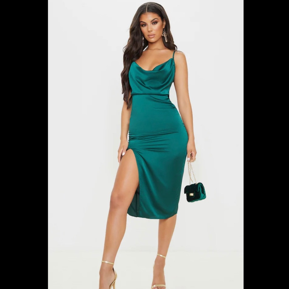 Emerald Green Satin Strappy Cowel Midi Dress - PLT